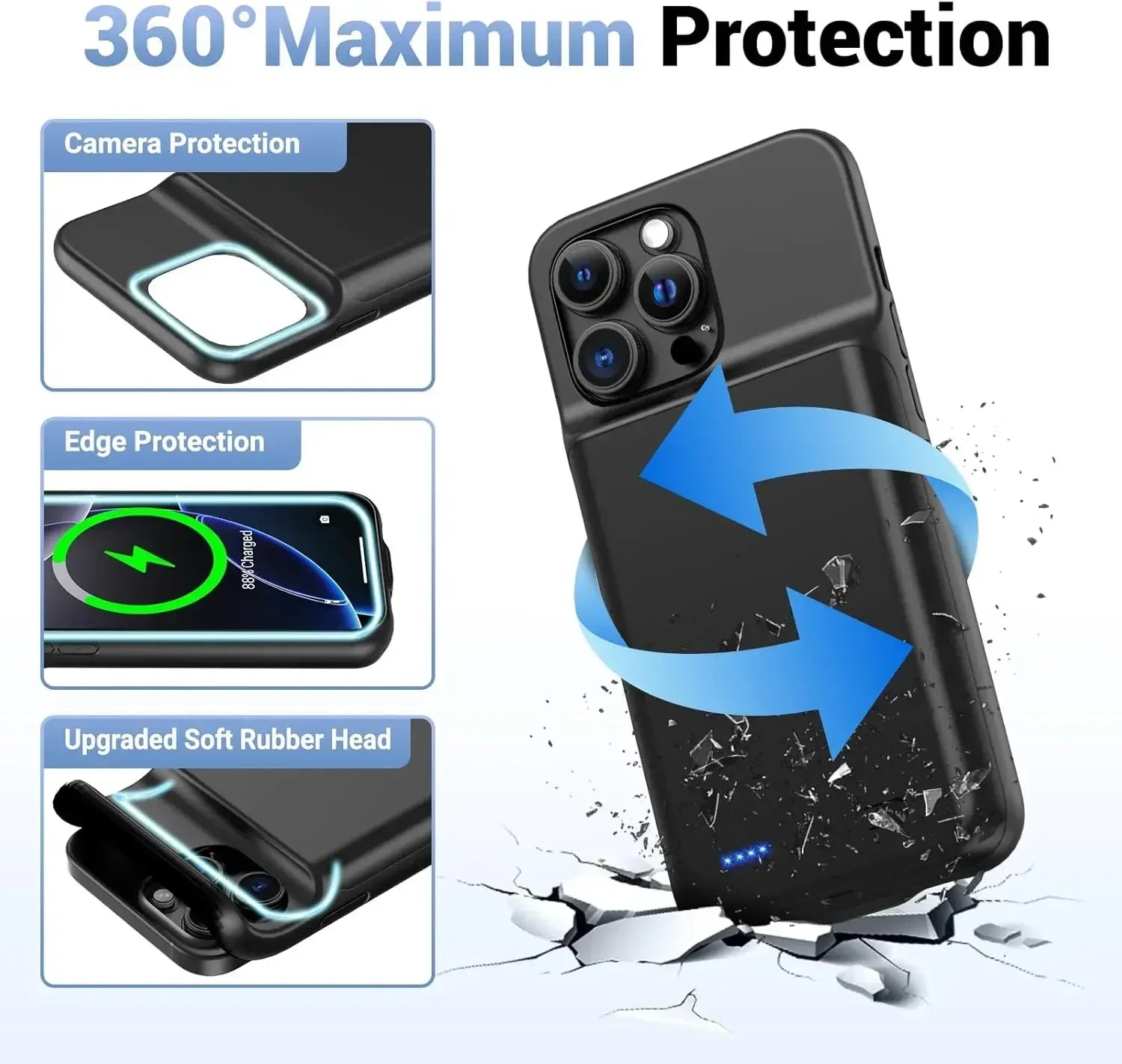 10000mAh Ultra-Slim Battery Charging Case for iPhone 15/16/17 Series - Portable Power Bank Cover