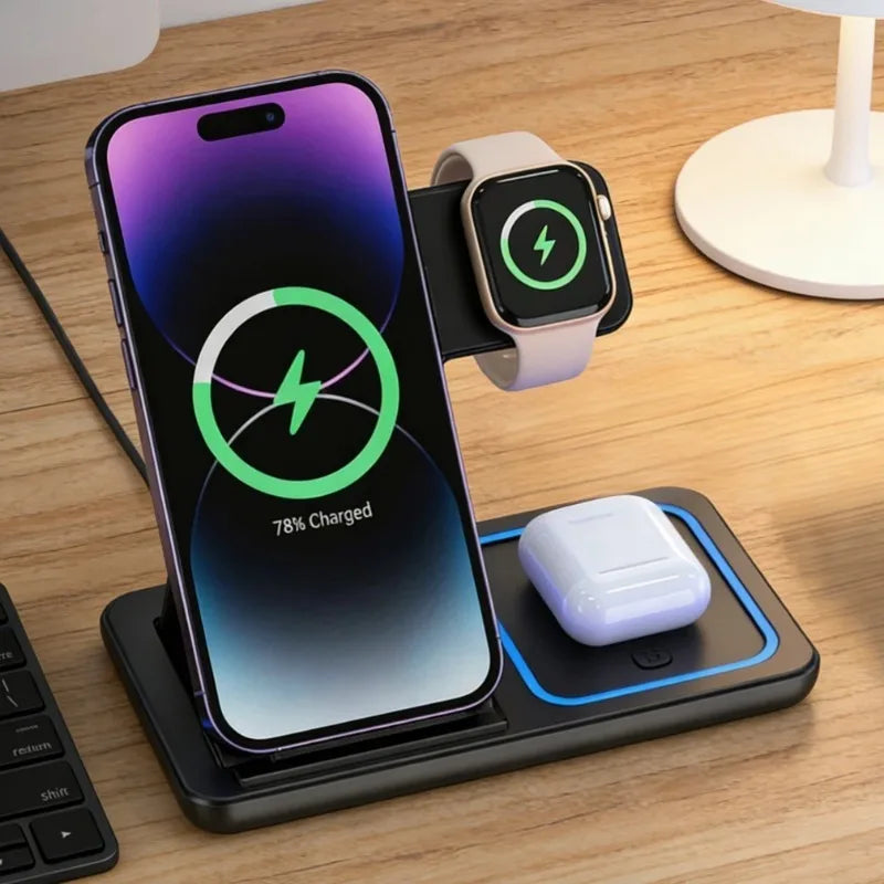 3-in-1 Foldable Wireless Charging Station for iPhone, iWatch & AirPods - 15W Fast Charge