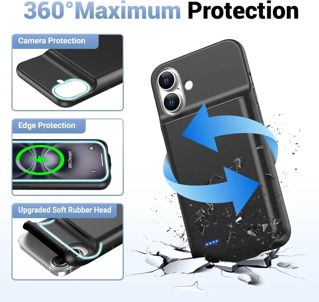 10000mAh Portable Battery Charger Case for iPhone 15/16/17 Series - Slim Power Bank Cover