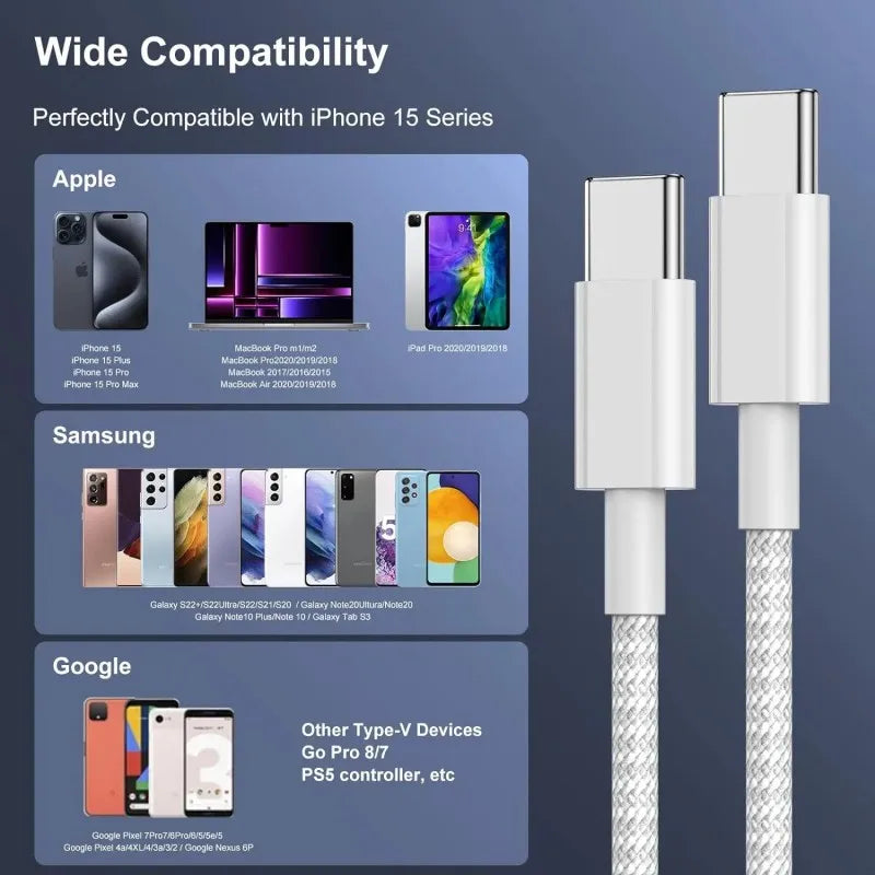 120W PD Fast Charging USB-C to USB-C Cable - High-Speed Data Sync for iPhone 15/16/17 Series (1M/2M)