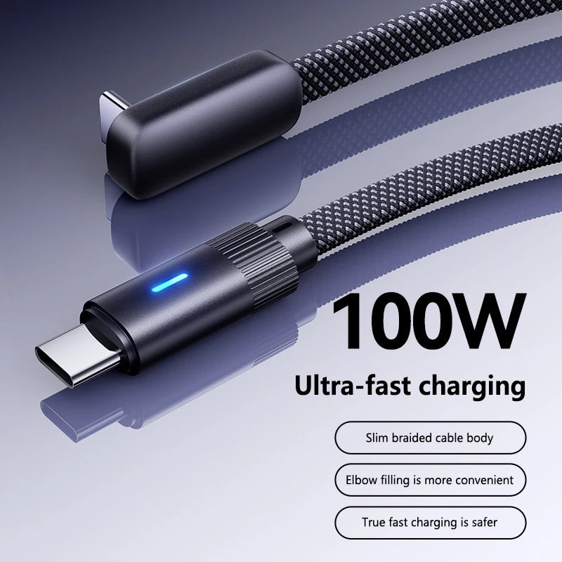 100W L-Shape Type-C to Type-C Flat Fast Charging Cable - Compatible with iPhone 15/16/17, Huawei, OPPO, Honor