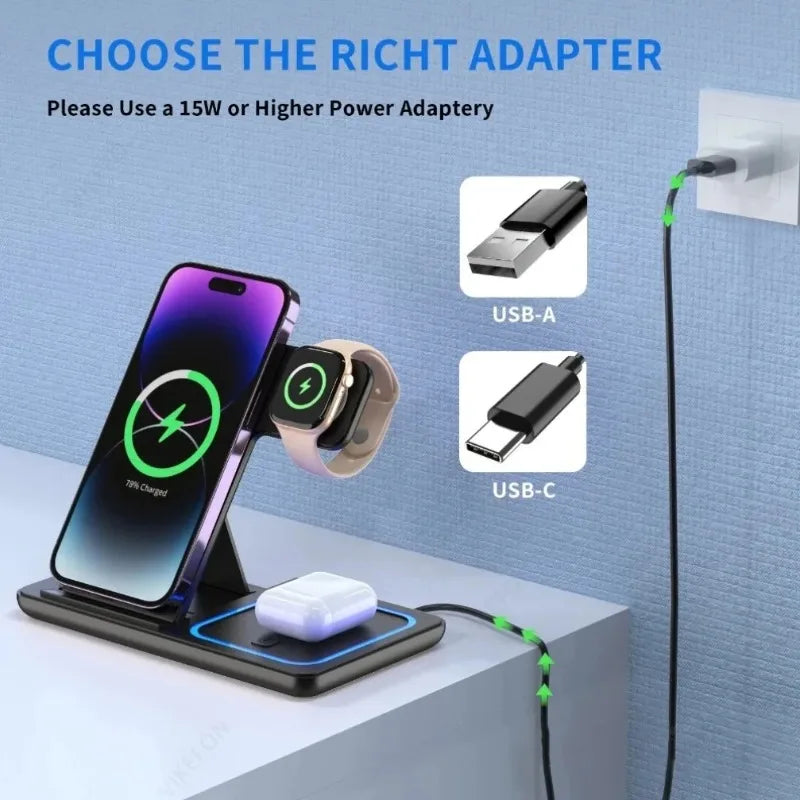 3-in-1 Foldable Wireless Charging Station for iPhone, iWatch & AirPods - 15W Fast Charge