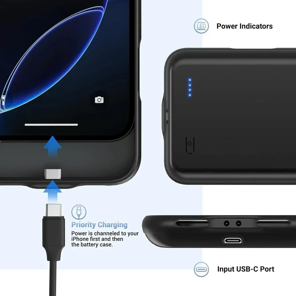 10000mAh Ultra-Slim Battery Charging Case for iPhone 15/16/17 Series - Portable Power Bank Cover