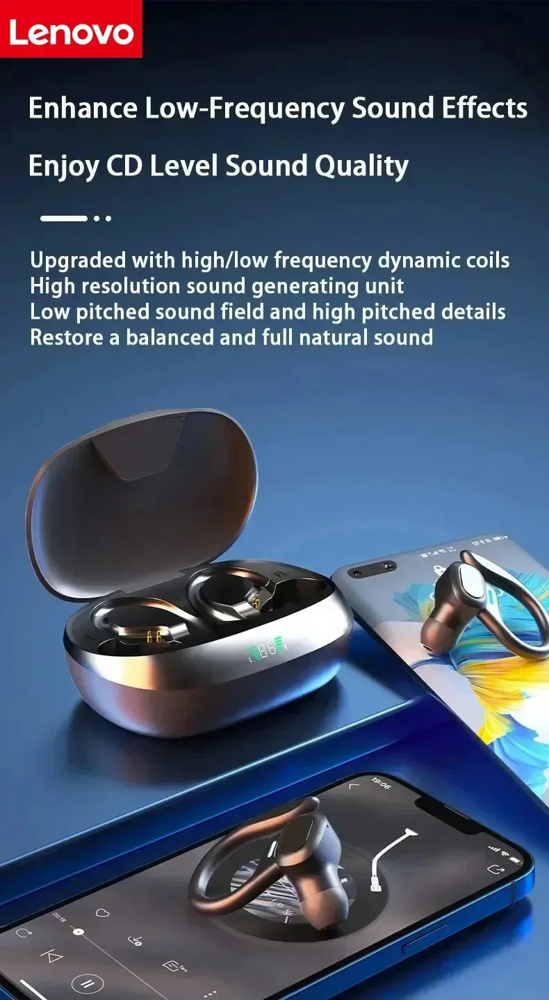 Lenovo Sports Wireless Earhooks Headphones - Bluetooth 5.3 Waterproof Earphones with Noise Reduction