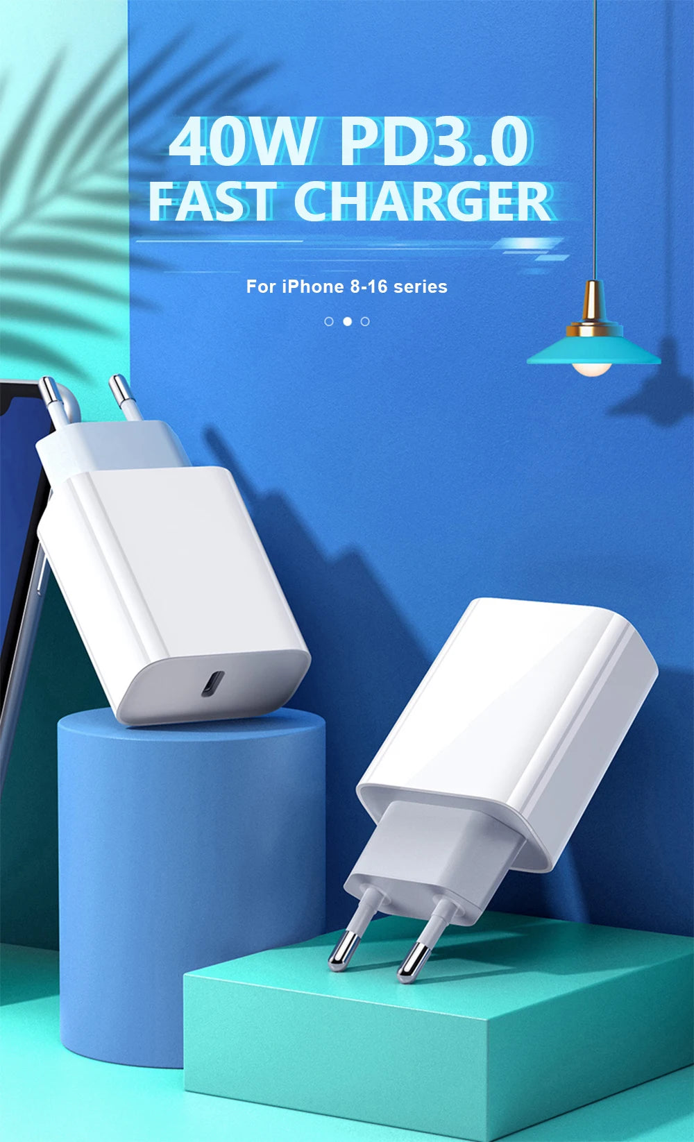 40W PD USB-C Fast Wall Charger Adapter for iPhone 15/16/17 Pro Max & iPad