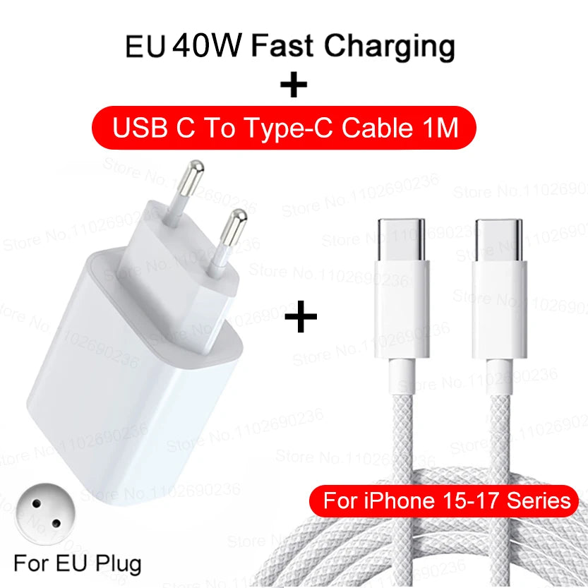 40W PD USB-C Fast Wall Charger Adapter for iPhone 15/16/17 Pro Max & iPad