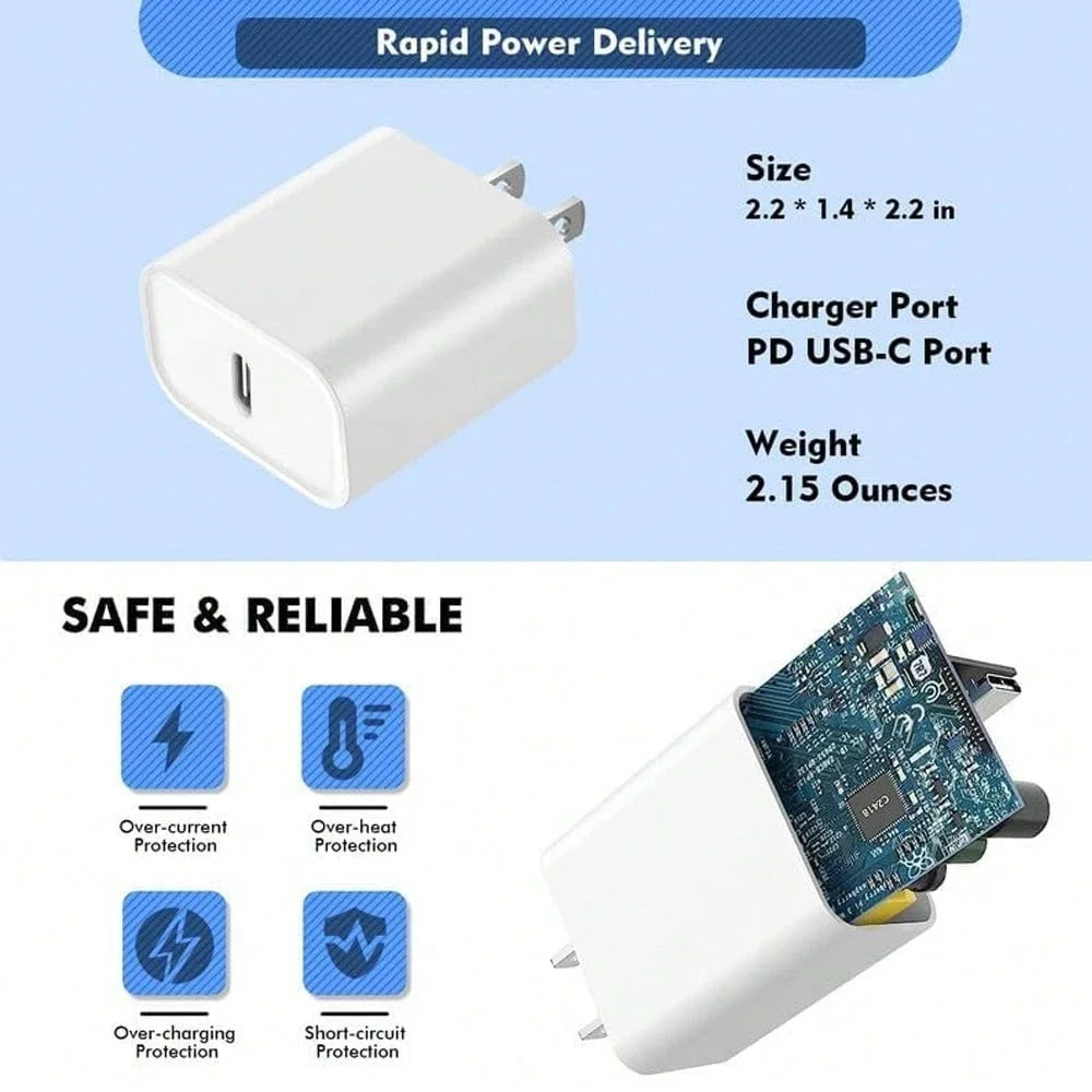 20W PD Fast Charger & USB-C Cable Set - Compatible with iPhone 15/16/17 Series