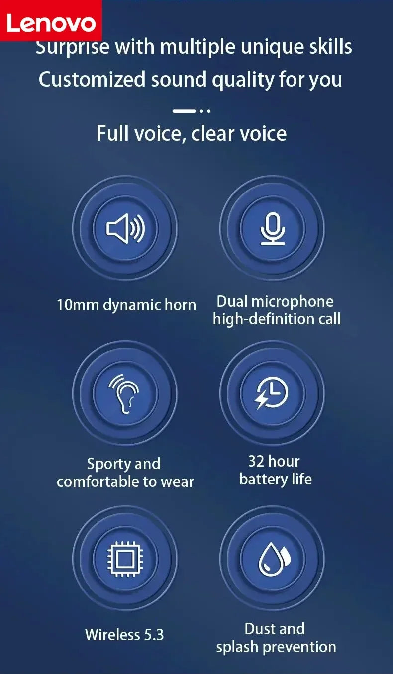 Lenovo Sports Wireless Earhooks Headphones - Bluetooth 5.3 Waterproof Earphones with Noise Reduction