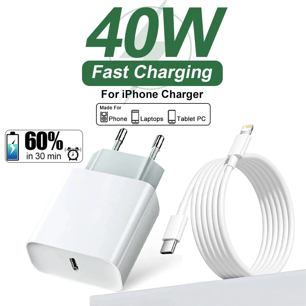 40W PD USB-C Fast Wall Charger Adapter for iPhone 15/16/17 Pro Max & iPad