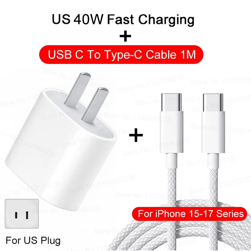 40W PD USB-C Fast Wall Charger Adapter for iPhone 15/16/17 Pro Max & iPad