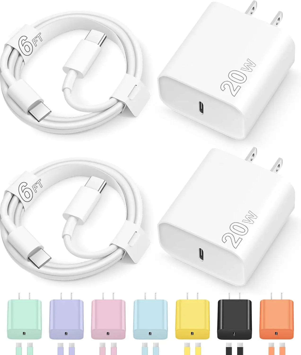 20W USB-C Fast Charger Block & 6FT Long Charging Cable Set for iPhone 15/16/17 Series