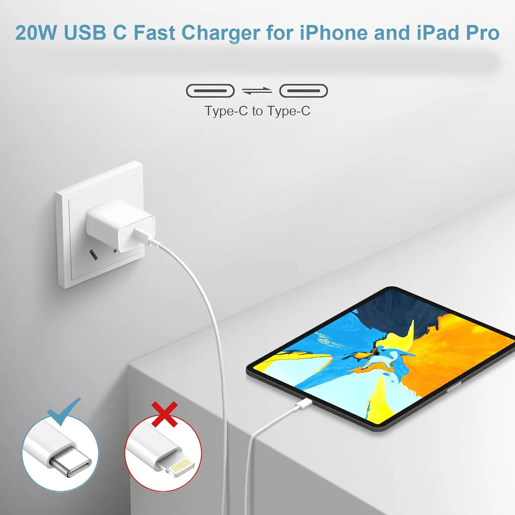 20W USB-C Fast Charger Block & 6FT Long Charging Cable Set for iPhone 15/16/17 Series
