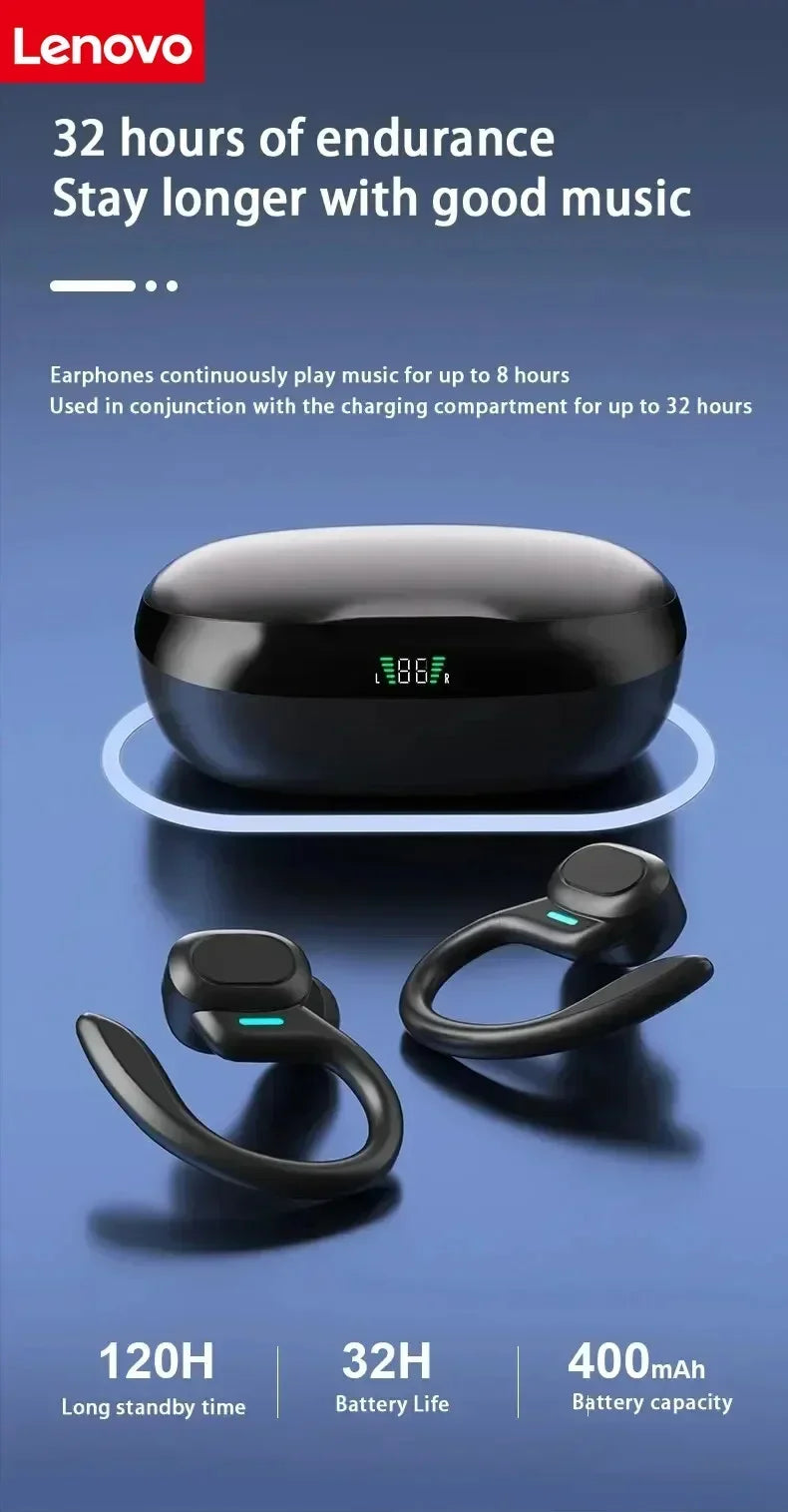 Lenovo Sports Wireless Earhooks Headphones - Bluetooth 5.3 Waterproof Earphones with Noise Reduction