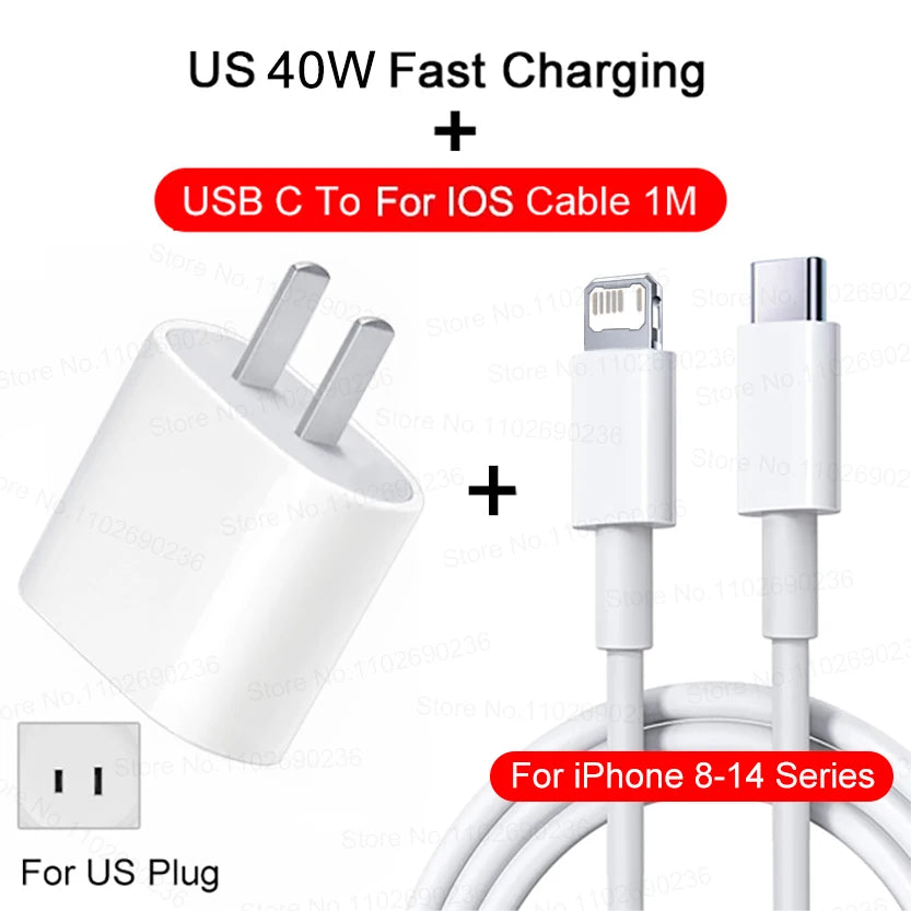 40W PD USB-C Fast Wall Charger Adapter for iPhone 15/16/17 Pro Max & iPad