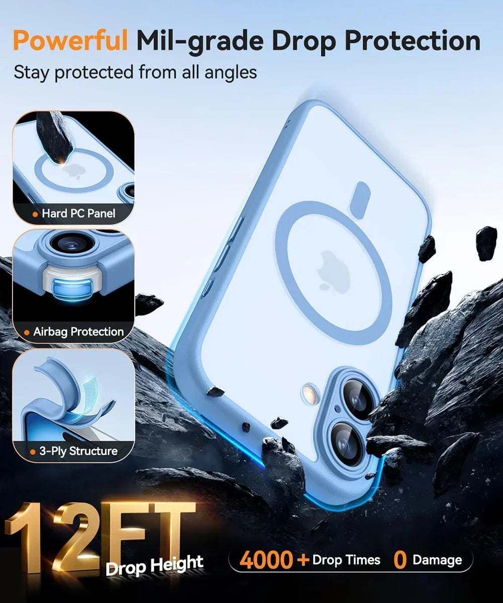 Magnetic Matte Translucent Armor Case for iPhone 15, 16 & 17 Series - Shockproof & MagSafe Compatible